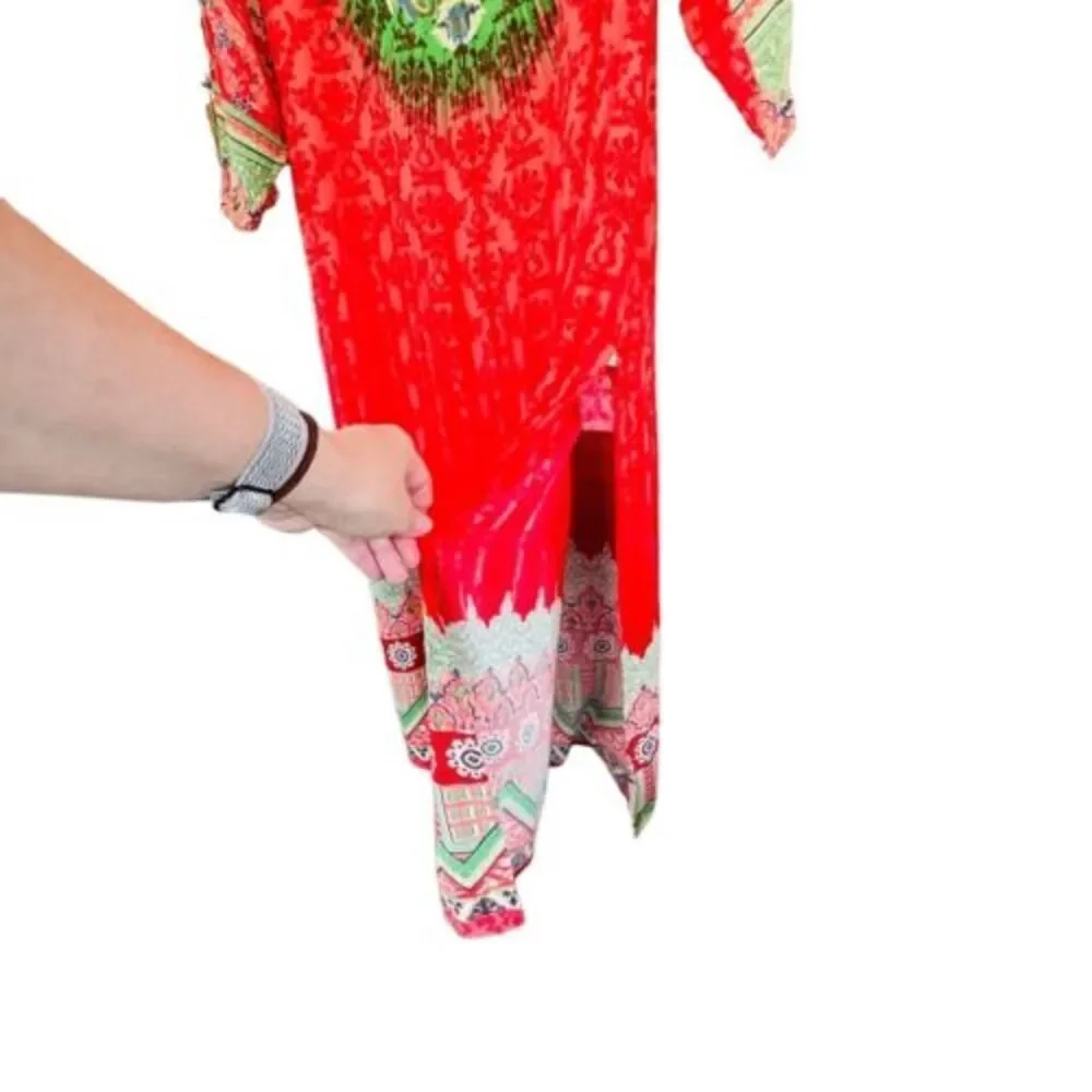 NWT Indian Kurta Kurti Lagi Red Floral Relaxed Long-Line Tunic Blouse Top — SZ M